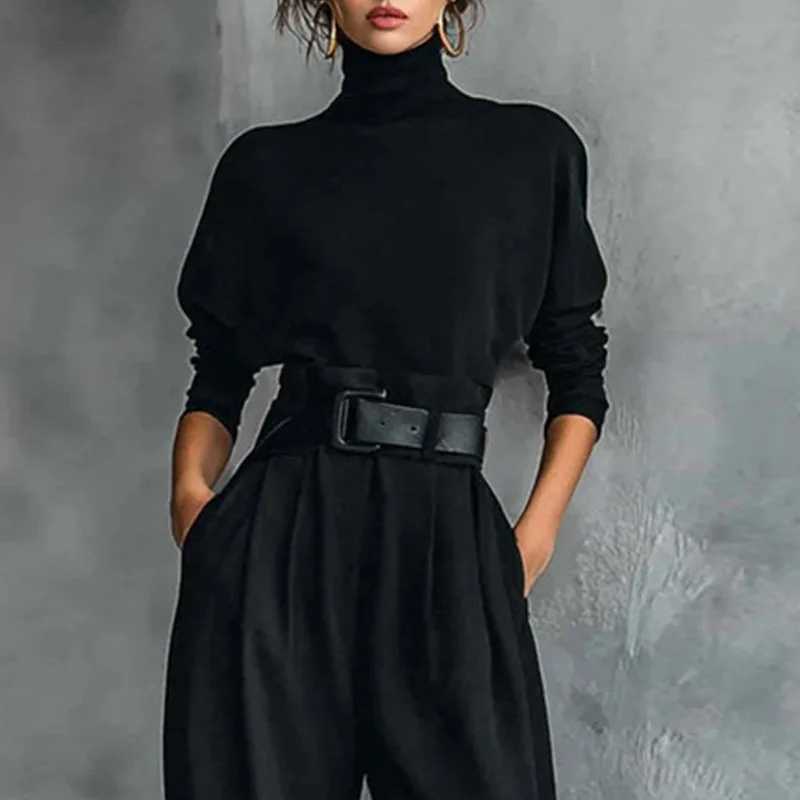 Fall Turtleneck Bottom Shirt Suit Pants Suit Woman Chic Solid High Waist Straight Outfit Winter Long Sleeve Pullover 2 Piece SetT251022