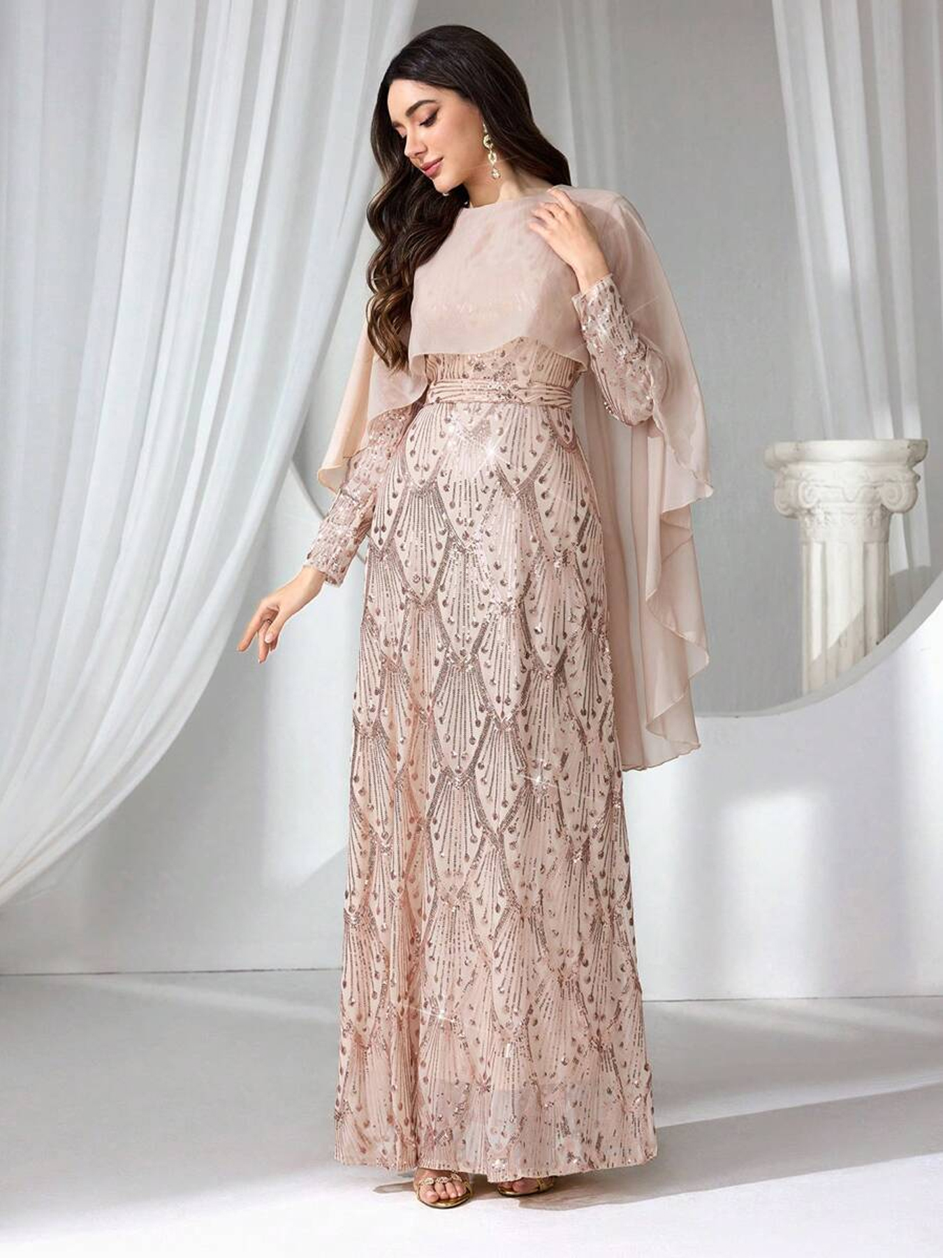 Women's Mememe Brand Sequin Evening Dress with Cape Design, Embroidered Pattern Elegant Formal Gown (S-XL, Champagne)-D350