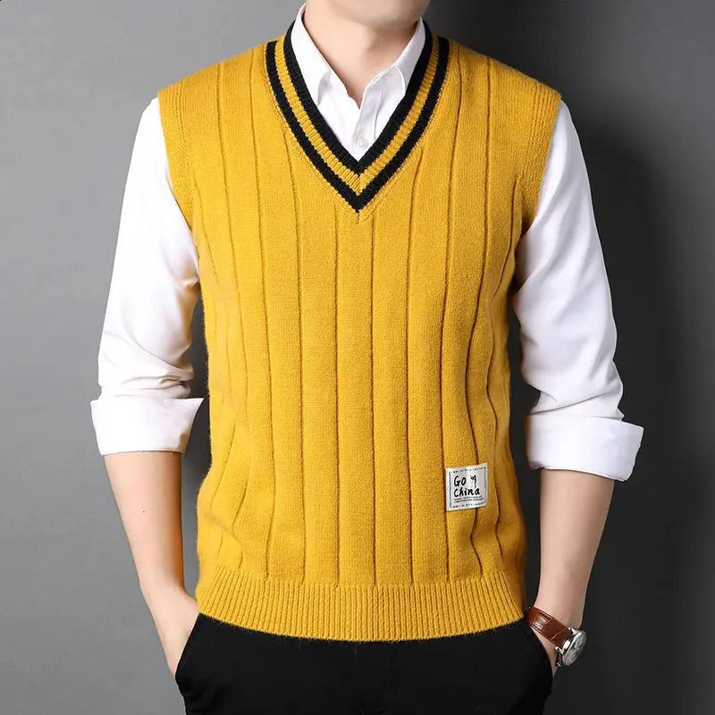 Spring Autumn Winter Vneck Vest Mens Sleeveless Bright Color Versatile Sweater Knitted 251023