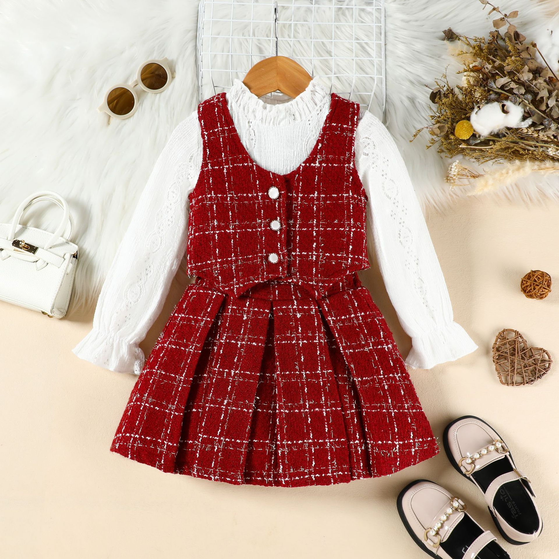 European and American Spring and Autumn Girls' Set Designer Fashionable Suitable for Young Girls Solid Color Lace Inner Wear Tank Top Folded Skir