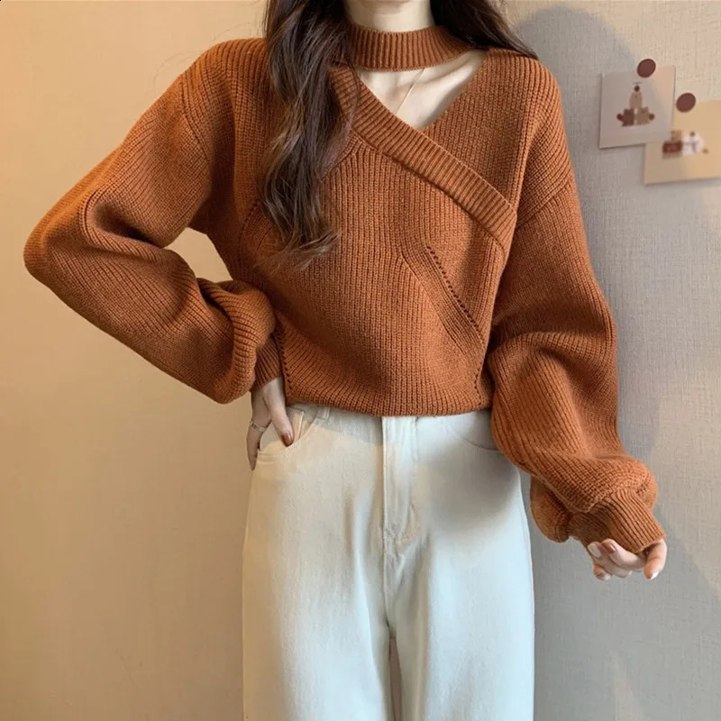 Autumn Sexy Pullovers Vneck Puff Sleeve Knit Cropped Sweaters Long Sleeved Lady Warm Off Shoulder Turtleneck Slim Jumper 251023