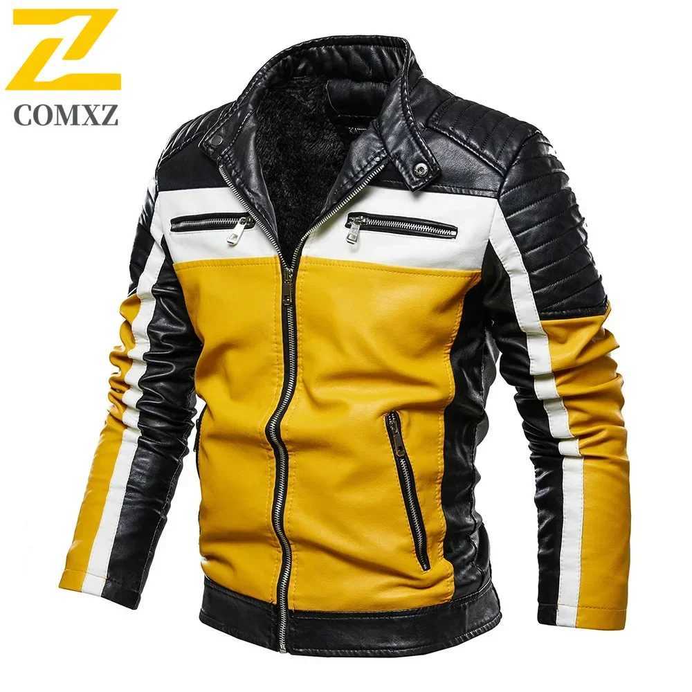 Men Yellow PU Leather Jacket Patchwork Biker Jackets Casual Zipper Coat Male Motorcycle Jacket Slim Fit Fur Lined Outwear Coat W251023