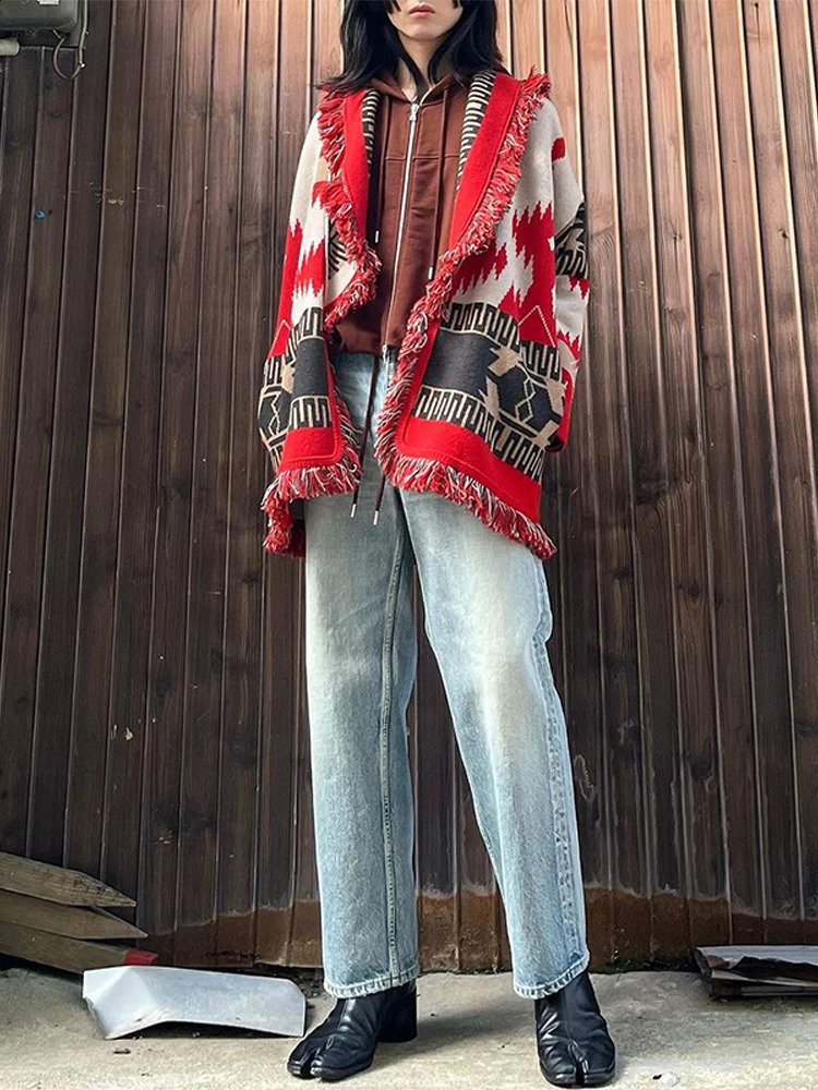 Womens Boho Print Knit Cardigan Top Fringe Trim Belted Long Sleeve Sweater Laceup Coat High Street Outerwear Outfit 251020 - view 5