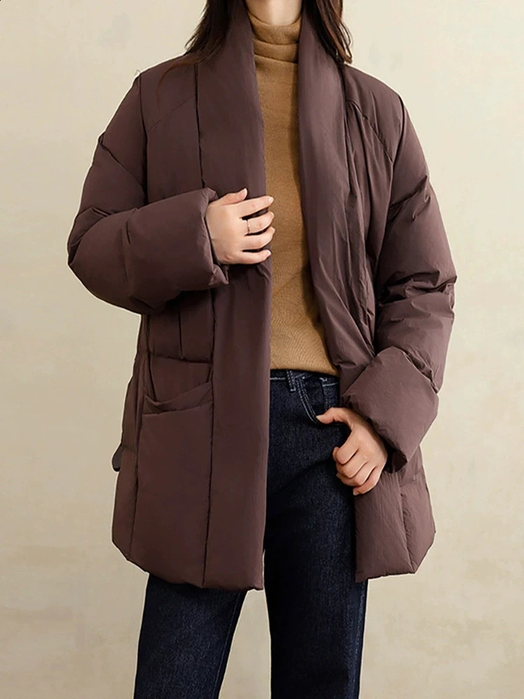 Schinteon Women White Duck Down Jacket Casual Loose Belt Vneck Collar Fashion Autumn Winter Outwear Korean Style Coat 251022