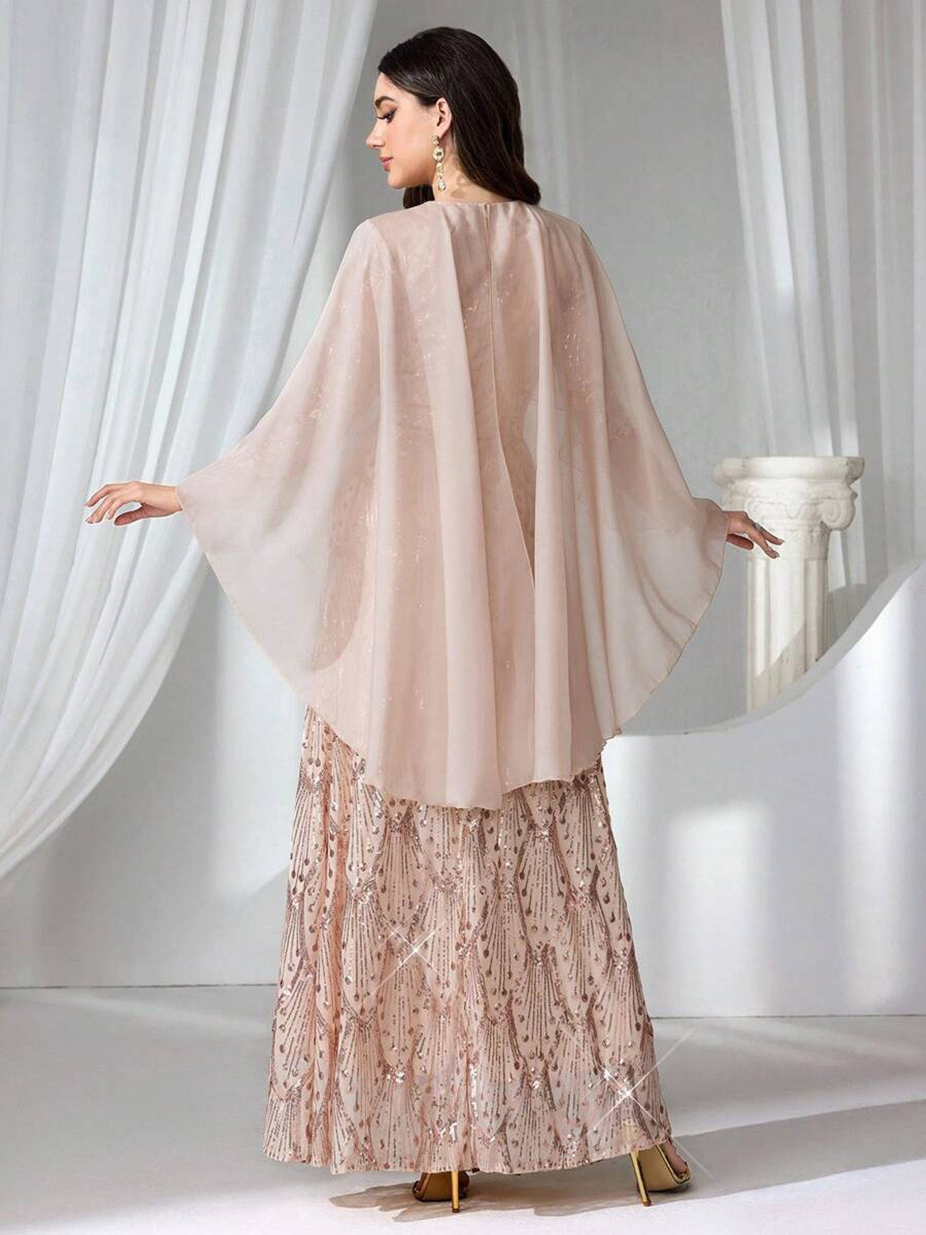 Women's Mememe Brand Sequin Evening Dress with Cape Design, Embroidered Pattern Elegant Formal Gown (S-XL, Champagne)-D350