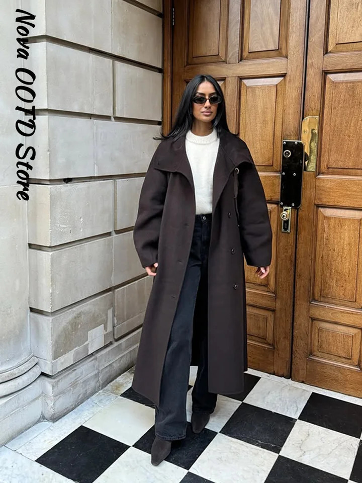 Elegant Solid Lace Up Long Woolen Coat Women Stand Collar Single Breasted Retro Coats Autumn Winter Lady Allmatch Outwears 251020