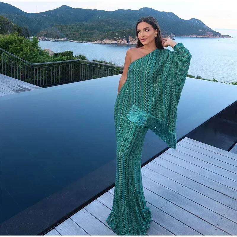 Elegant Tassel Hem Long Dress Women Loose Vneck Full Sleeve Scarf Dresses Autumn Party Evening Luxurious Lady Robe 251022