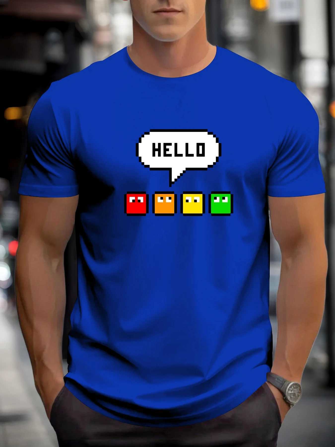 Mens TShirt Pixel HELLO Graphic 2025 100 Cotton Summer Retro Gaming Nostalgic 8Bit Crew Neck Short Sleeve TopXJ251023
