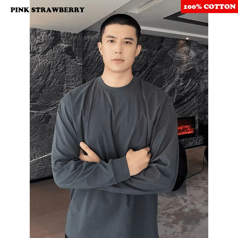 100 Cotton White Long sleeve Tshirt Men Autumn Solid color High quality Loose Casual Black Tee Y2k Top Men clothing 251020