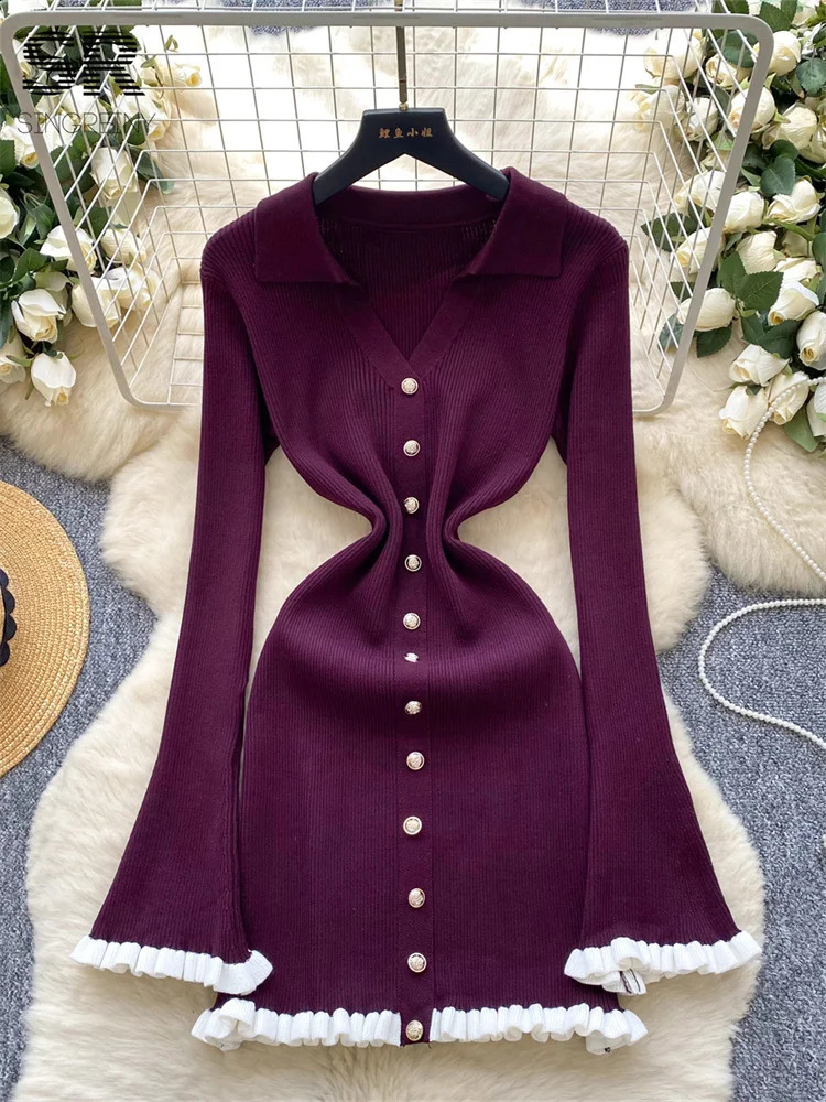 SINGREINY Autumn Sweet Basics Knit Dress Female Long Sleeve Edible Tree Fungus Turndown Collar Slim Light y Women 251022
