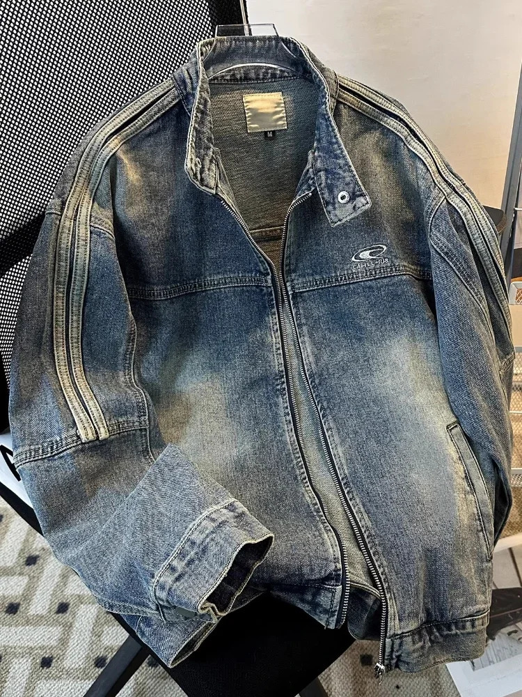 Vintage Distressed Denim Jacket Men Clean Fit Ribbed Stand Collar Long Sleeve Casual Oversized Street Edge Y2k Spring Fall Coat 251017