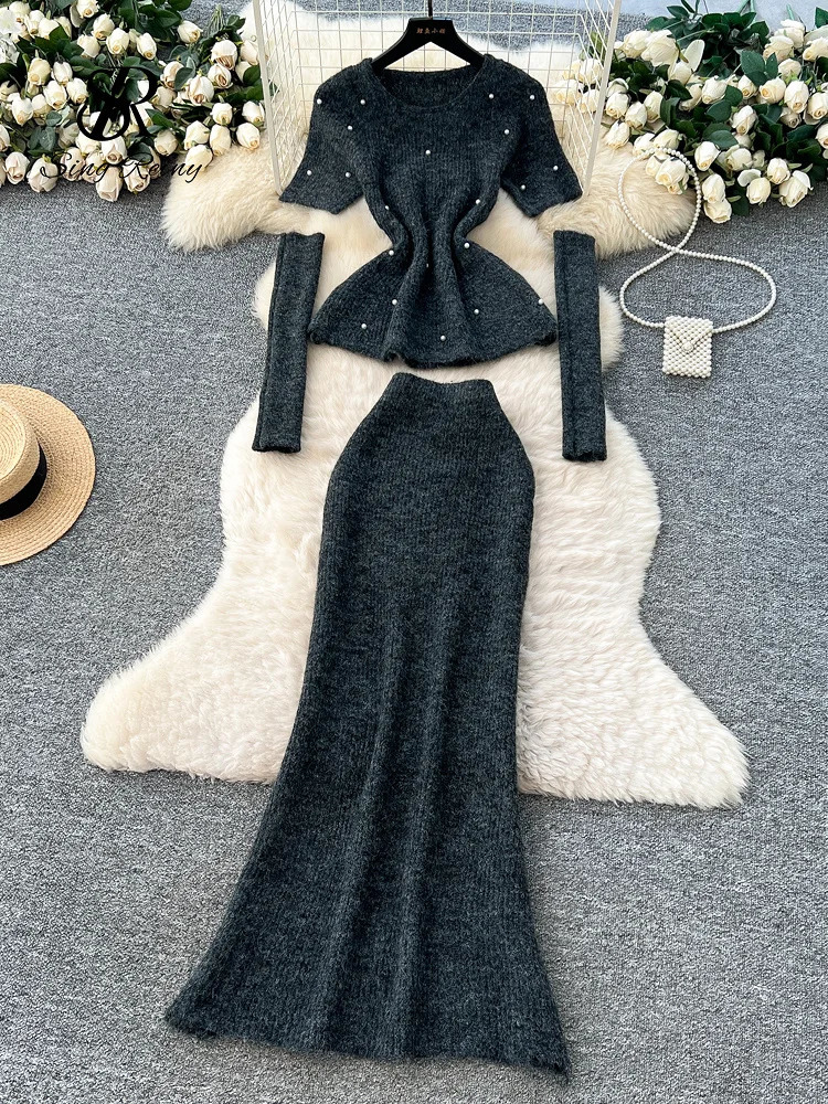 SINGREINY Streetwear Cashmere Sweater Suits Women Beading Oversleeve Knit PulloverElastic Long Skirts Autumn Pearl Knitted Sets 251022