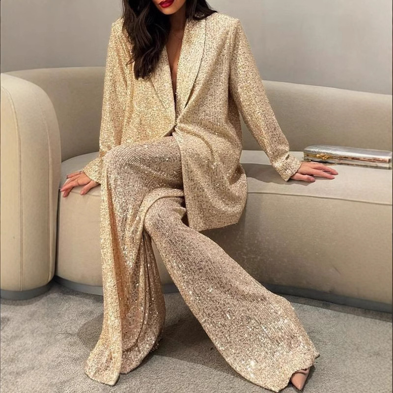 Plus size white formal V-neck stud flange leg set jacket two-piece pants set matching set 241127