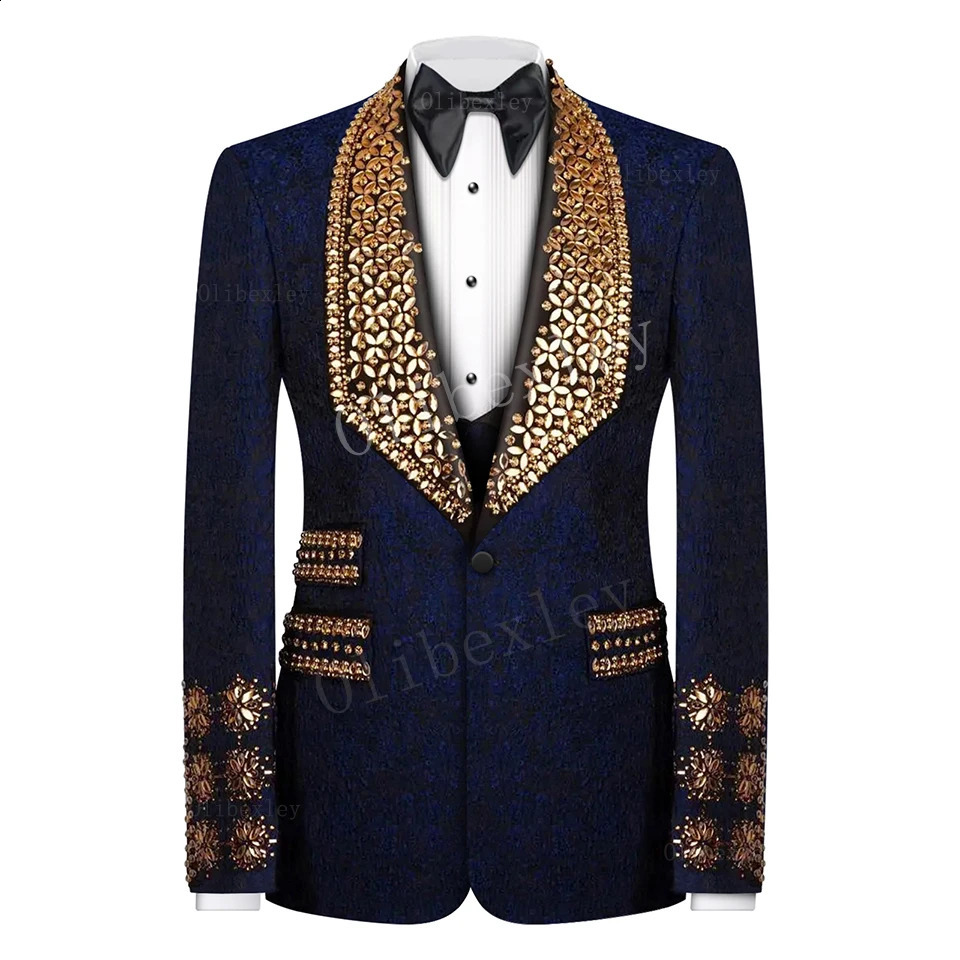 B13 Navy Blue Men Suits Set 2 Piece Blazer Pants y Crystals Groom Wedding Tuxedo Single Breasted Custom Made Prom 251023