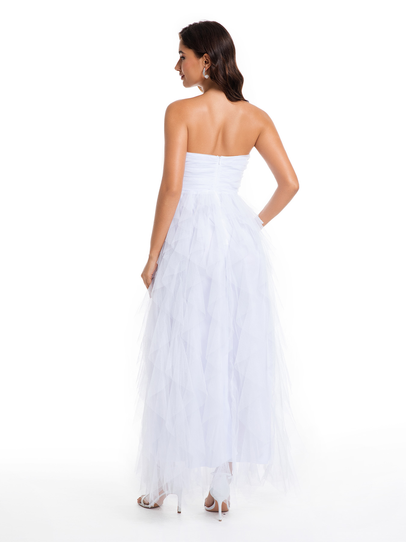 Women's Mememe Brand Strapless Tiered Tulle Evening Dress, Slim-Waist Sexy Formal Gown (S-XL, Black/White)-D360