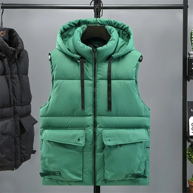 Mens Hooded Vest Winter Zipper Warm Stand Collar Waistcoat Men Cotton Padded Sleeveless Jackets with Big Pockets 251023