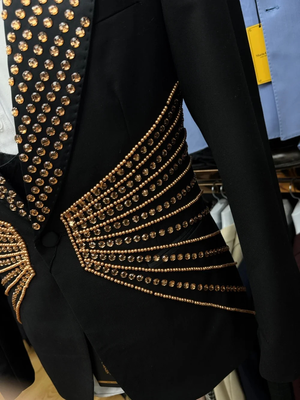 Celebrity Golden Rhinestones Mens Suit Customized Single Breasted Handsome Formal Banquet Jacket Vest Pants Groom Wear 251023