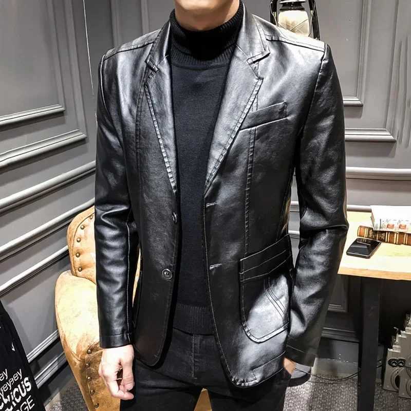 Spring Autumn Korean Style Mens Slim Fit Motorcycle PU Leather Jacket Single Breasted Business Coat Fashion Streetwear W251023