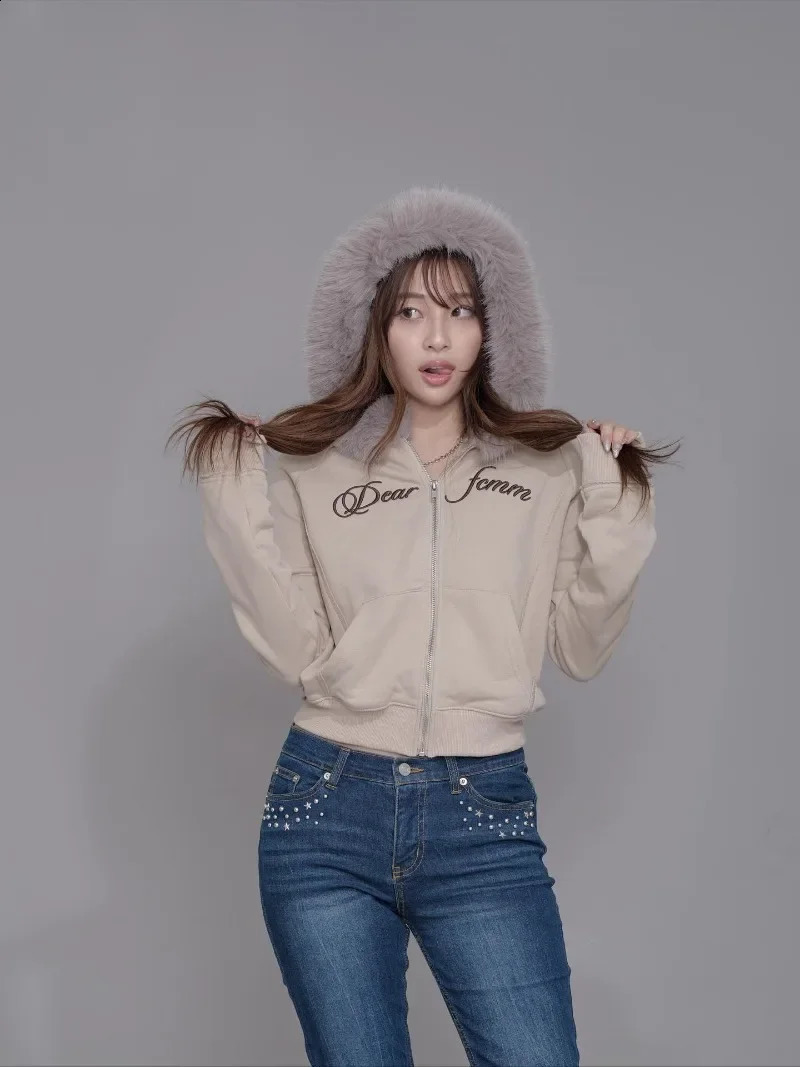 chic Harajuku Y2K Fur Collar Zipper Hoodie Women Gothic Punk Streetwear Trendy Retro Letter Embroidery casual Warm Sweatshirt 251022