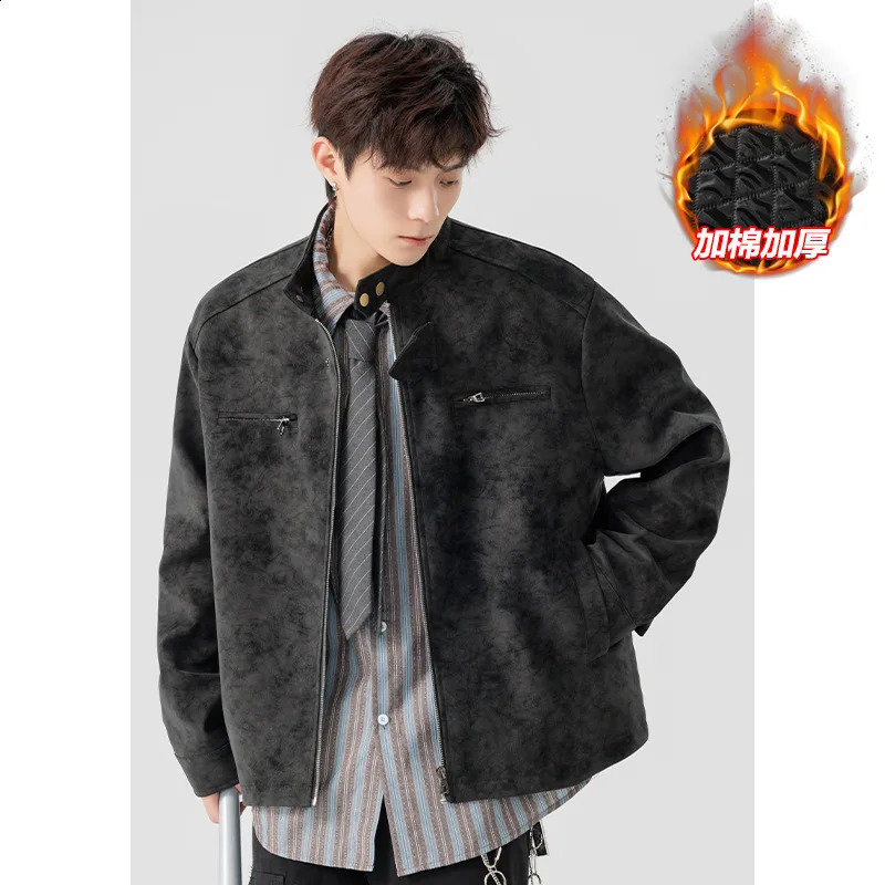Winter Autumn CottonPadded Casual Leather Jacket Original TieDye Front PU Pilot Coat for Men 251023
