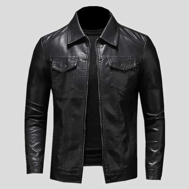 Mens Motorcycle Leather Jacket Large Size Pocket Black Zipper Lapel Slim Fit Male Spring and Autumn High Quality Pu Coat M5Xl W251023