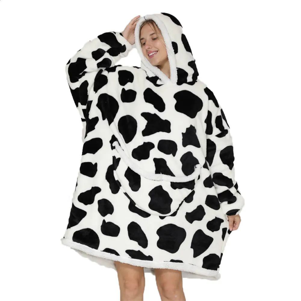 Cartoon Oversized Hoodie Blanket with Sleeves Winter Warm Fleece Sweatshirt Cow Hoodies Women Men Korean Funny Print 251022