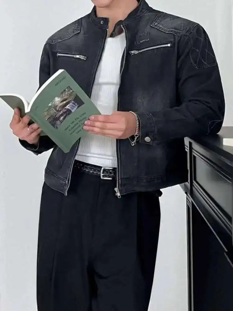 2025 Autumn Stand Collar Solid Color Mens Wear Denim Jackets Zipper Patchwork Korean Style Casual Loose Short Male Coat 251017