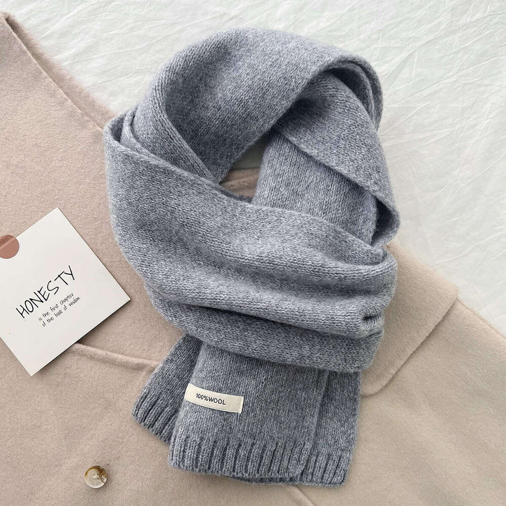 100% Pure Wool Knitted Scarf for Men Women, Autumn and Winter Versatile, Oversized, Thickened, Warm, Solid Color, Korean Style Cashmere Neck Warmer