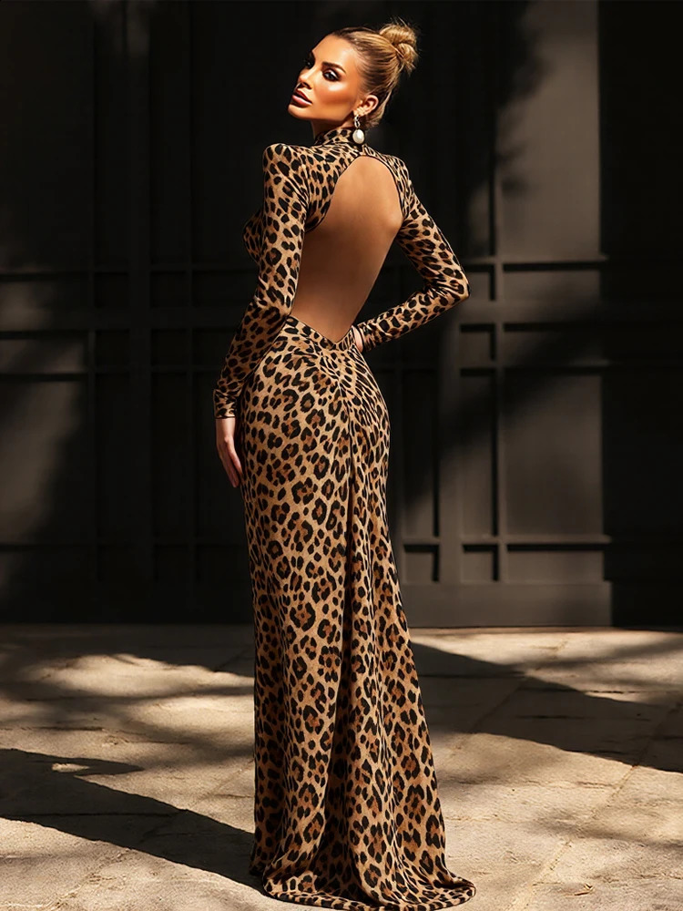 Nibber Leopard Print Maxi Dress Women Backless Full Sleeve Turtleneck Peach Butt Folds Skinny Fashion Elegant Banquet Vestidos 251022