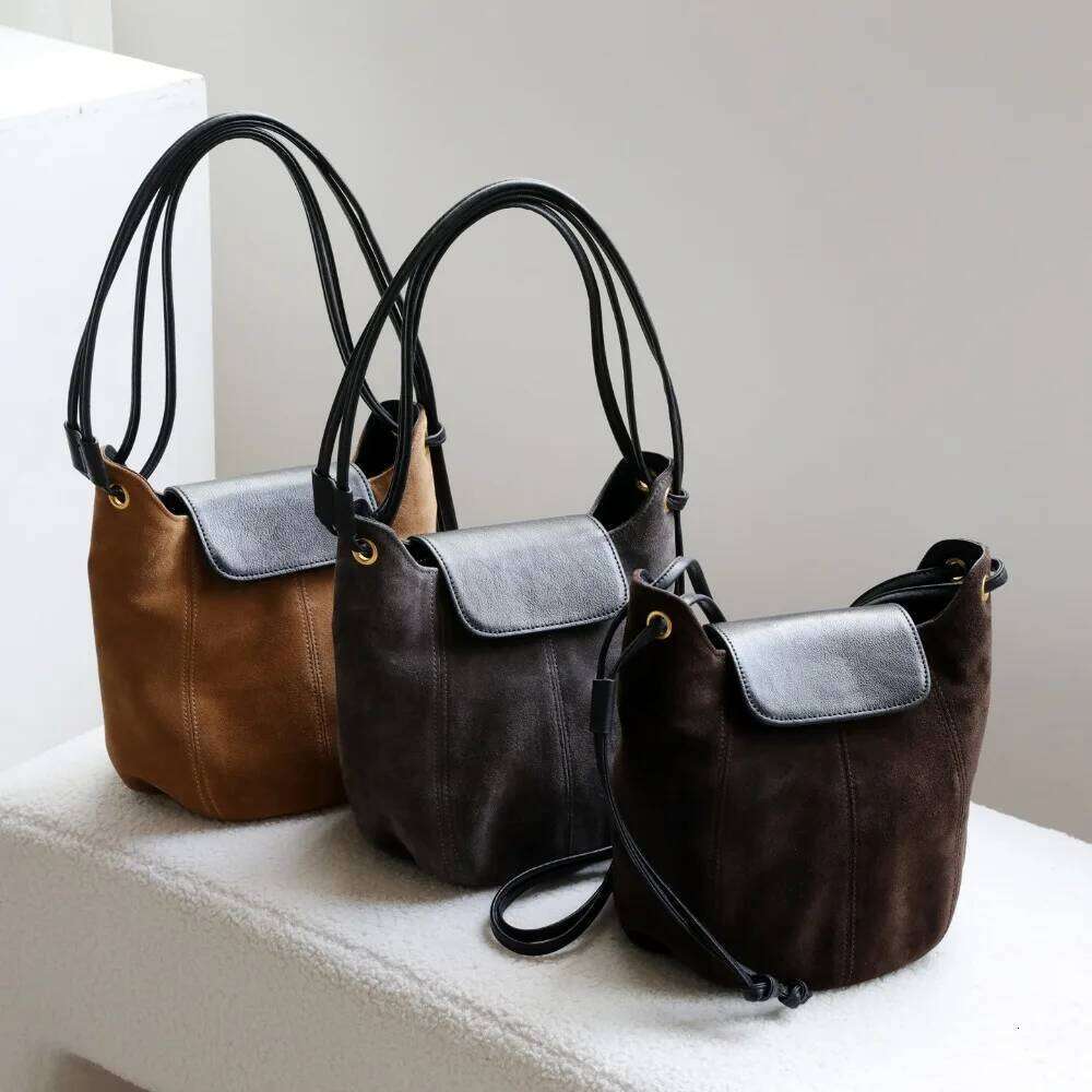 Niche Portable Matte Leather Bucket Women's High Mercerized Suede Contrasting Color Light Shoulder Messenger Bag