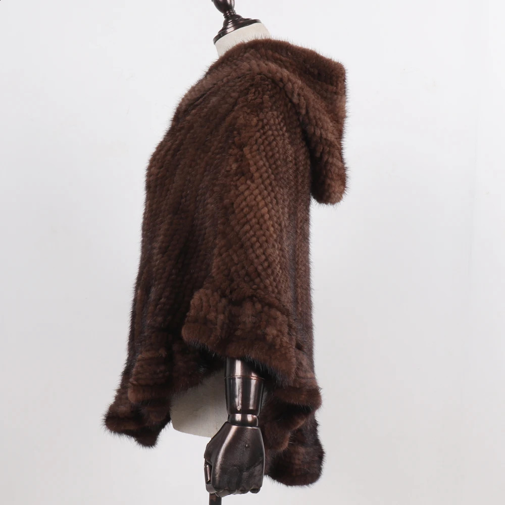 Women Natural Mink Fur Hooded Pashmina Coat 100 Genuine Shawl Lady y Hand Knitted Real Poncho 251022