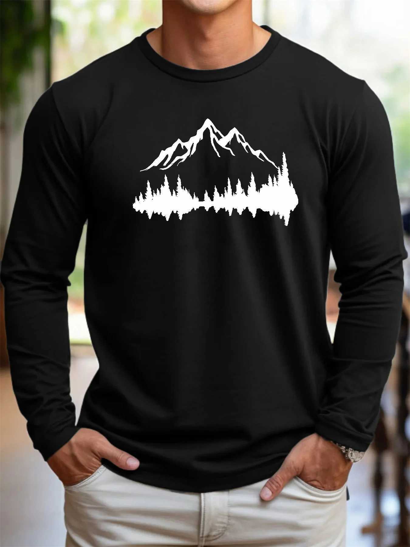 Mens 100 pure cotton loose fit comfortable casual sports mountain reflection pattern printed round neck long sleeved TshirtXJ251023