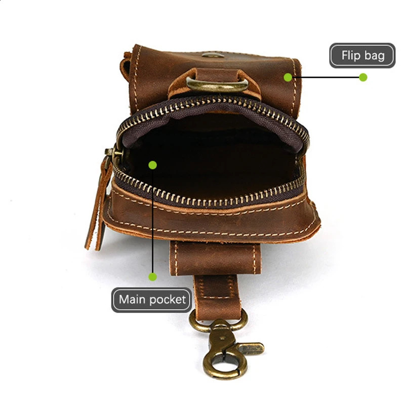 Hardware Clasp Waist Bags Men First Layer Genuine Leather Hang Bag Cowhide Wallets through the belt Zipper Retro Phone Purse251023