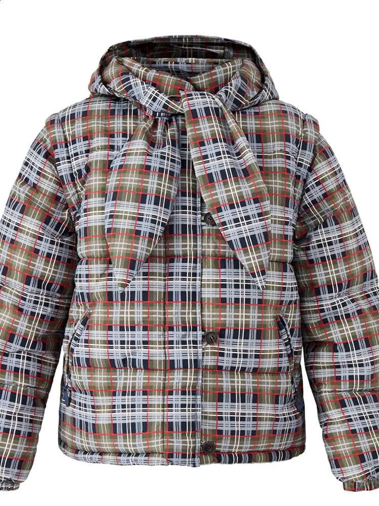 Fashion Plaid Padded Jacket For Women Casual Detachable Hood Zipper Pockets Loose Coat Lady Winter Chic Street Outerwear 251021