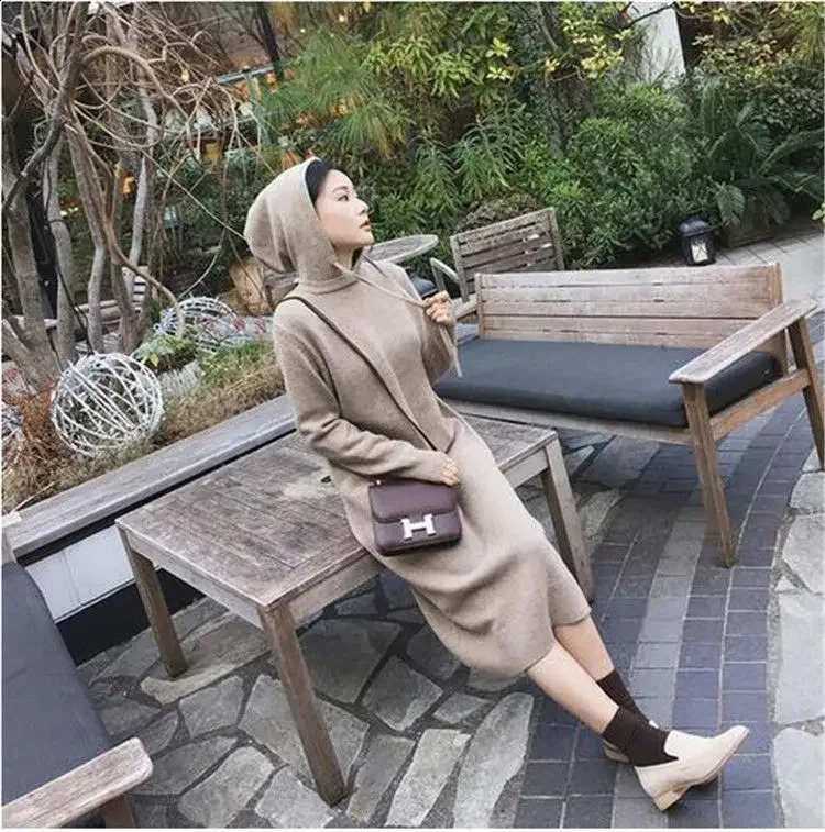 Korean Style Thickened Knitted Hat Womens Dress Autumn Winter Arrival MidLength Sweater Dress Female Base Shirt Dress 251023
