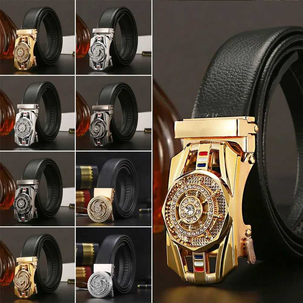 Men Business Time To Run Belt Man Automatic Buckle Leather Belt Golden Waist Buckle Males Luxury Belt Rhinestone DecorationXJ251023