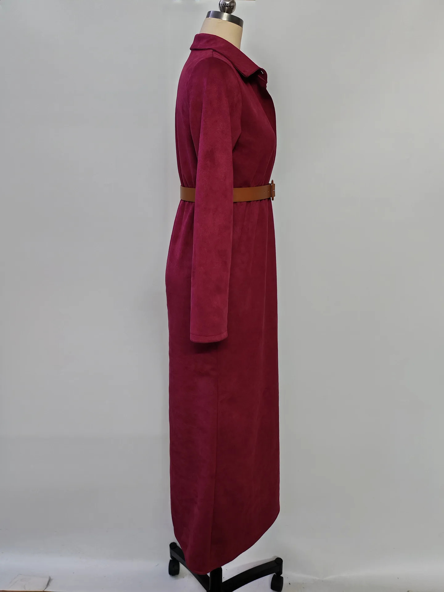 Winter Womens Minimalist Solid Belted Lapel Shirts Dress Long Sleeve High Waisted Suede Female Casual Party Maxi Dresses 251022