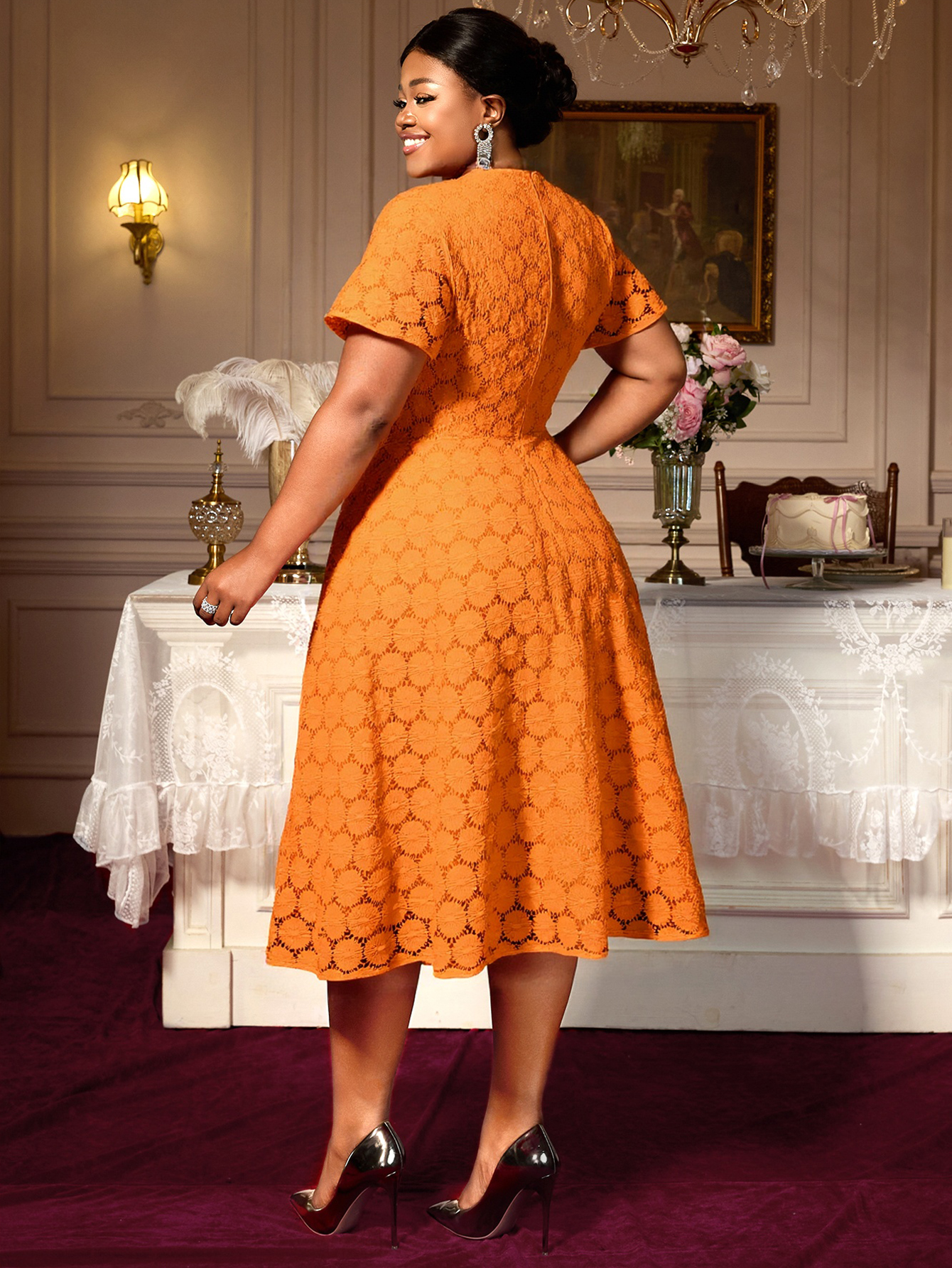Elegant Orange Summer Casual Hollow Out Lace Dot Women Short Sleeve A Line AOMEI Midi Dresses for Plus Size AM050748