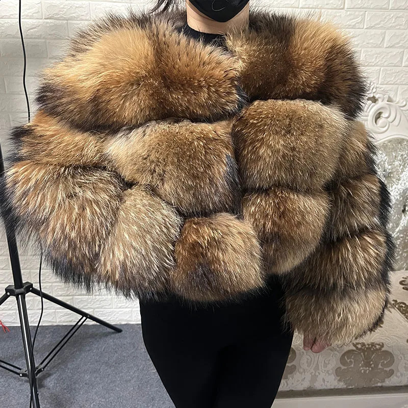Plus Size Tops Brown Fur Maomaokong Obese Womens Outerwear Natural Raccoon Coat Winter Jacket Female Clothing 4xl 251022
