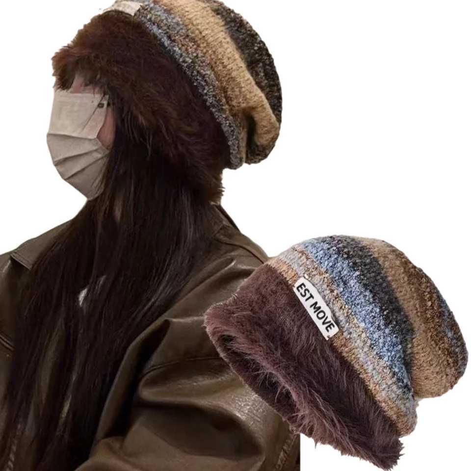 1PC Furry Knitted Beanie Hat Warm Striped Winter Cap Trendy Casual Headwear For Women Cross Border Fashion AccessoryXJ251023