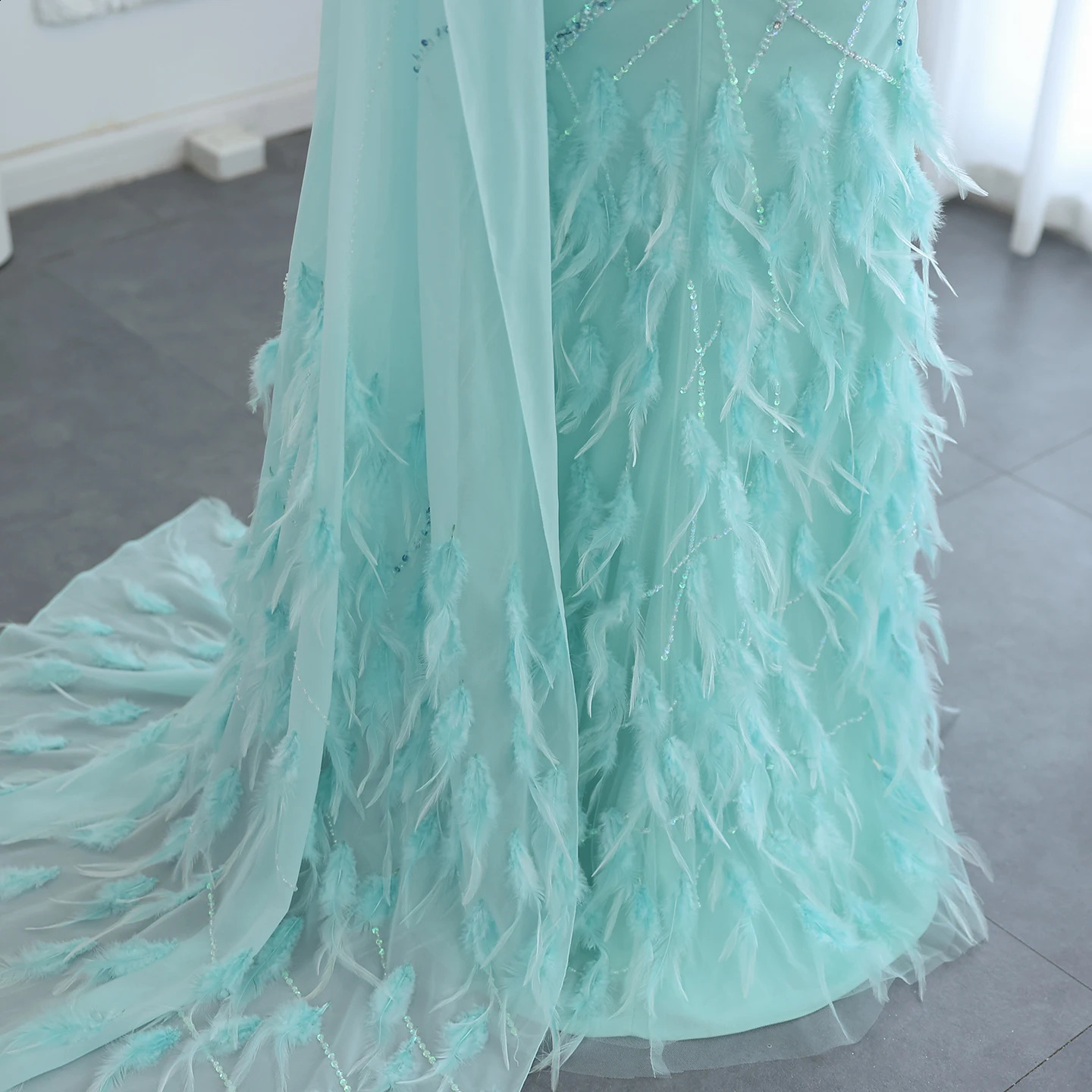 Sharon Said Feather Turquoise Aqua One Shoulder Evening Dresses with Cape Train Prom Wedding Party Gowns SS498 Customized 251020