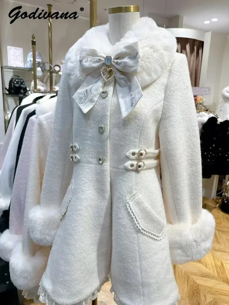 Winter Japanese Sweet Bow Slim Medium Long Woolen Coat Faux Fur Collar Lolita Girl Womens Pink White Wool Jacket Overcoat 251020