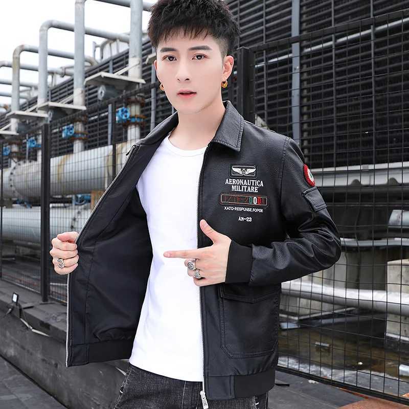Embroidered Print Handsome Leather Coat Mens Spring and Autumn Business Casual Young Mens Leather Jacket Lapel Fashion Coat W251023