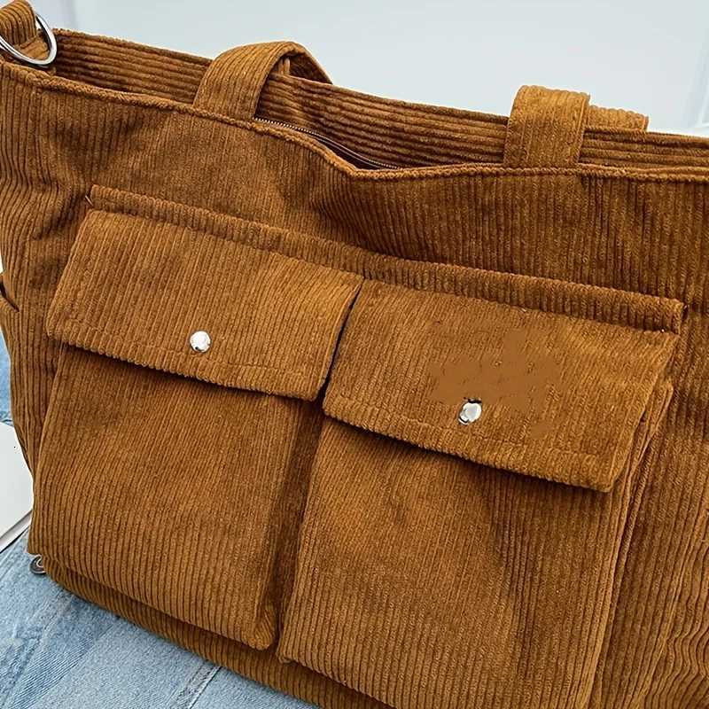 Large Capacity Corduroy Tote Bag for Women Versatile Shoulder Bag with Multiple Pockets Commuter BagL251023
