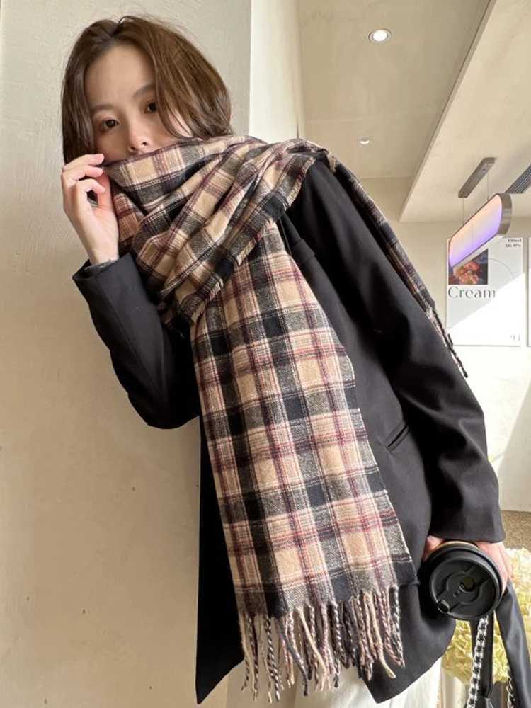 New 2023 Imitation Cashmere Women Scarf Winter Preppy Style Vintage Plaid Scarve Mujer Foulard Blanket Wrap Shawl Pareo J251113