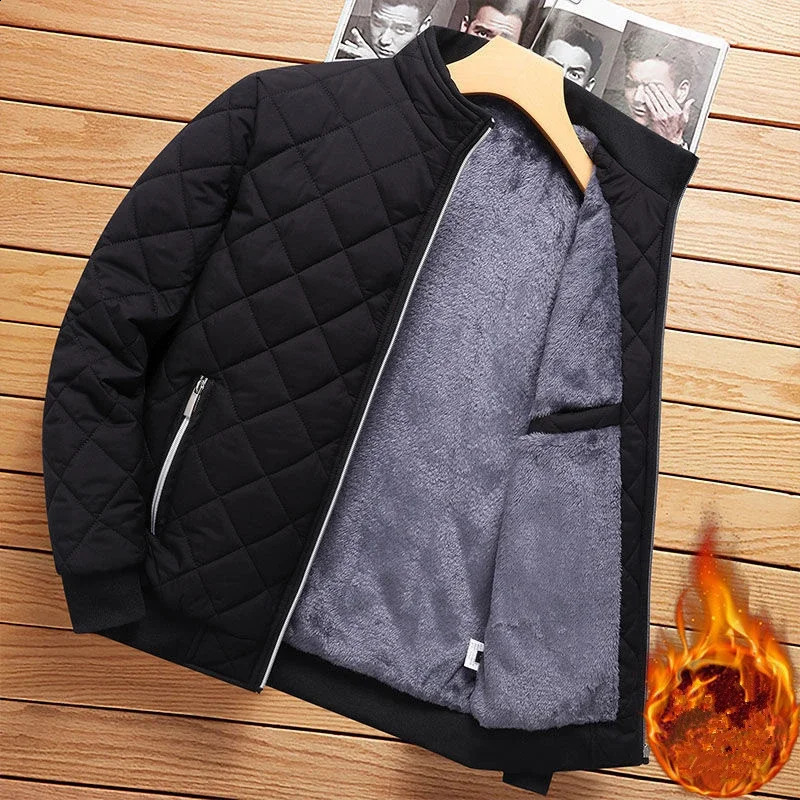 Autumn Winter with Plush Thickening Jackets Men Diamond Pattern Fleece Lined Casual Clothing Slim Fit Cottonpadded Coat 251023