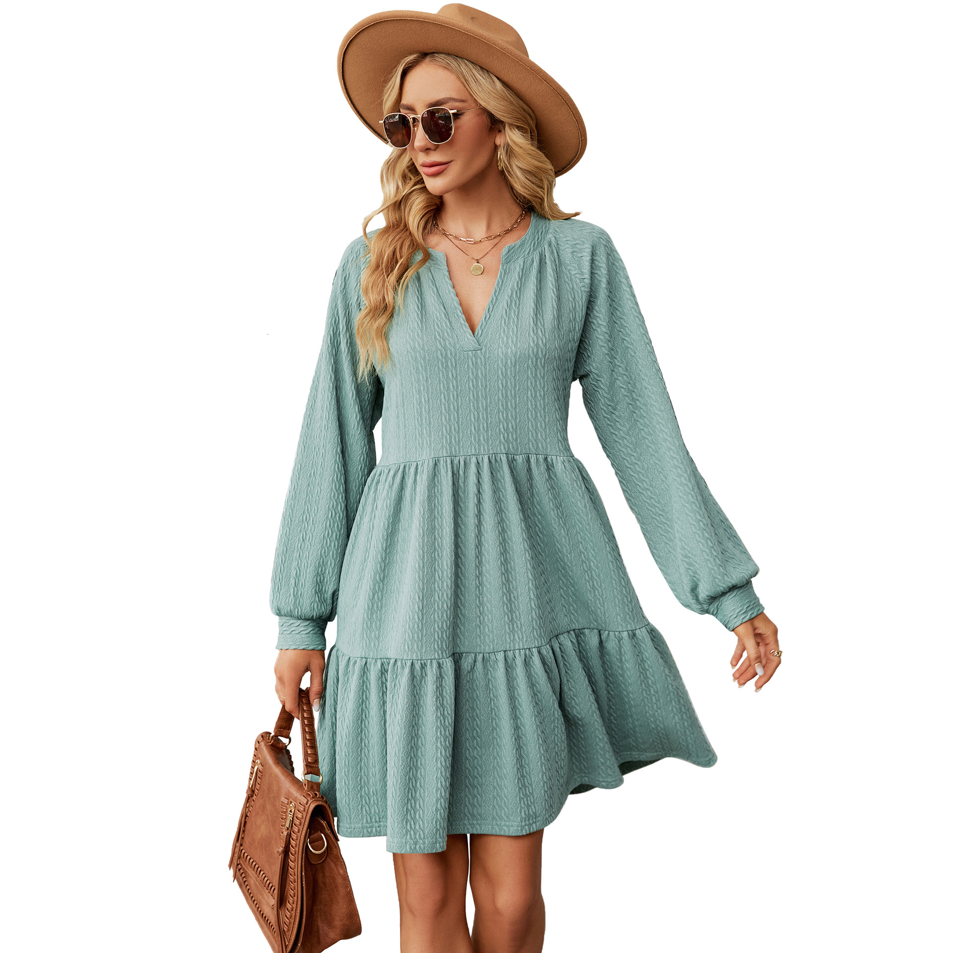 European and American autumn and winter new solid color V-neck loose pleated patch long sleeved dress designer fashionable hot selling dress