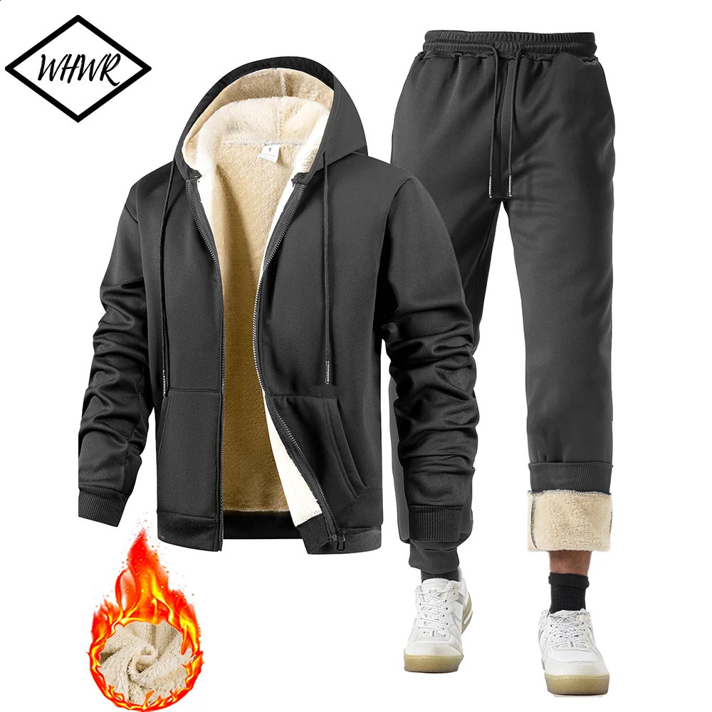Mens Suit TwoPiece Tracksuit Plush Thickened Warm Sports JacketTrousers Winter Outdoor Casual Hoodie Sportswear 251023