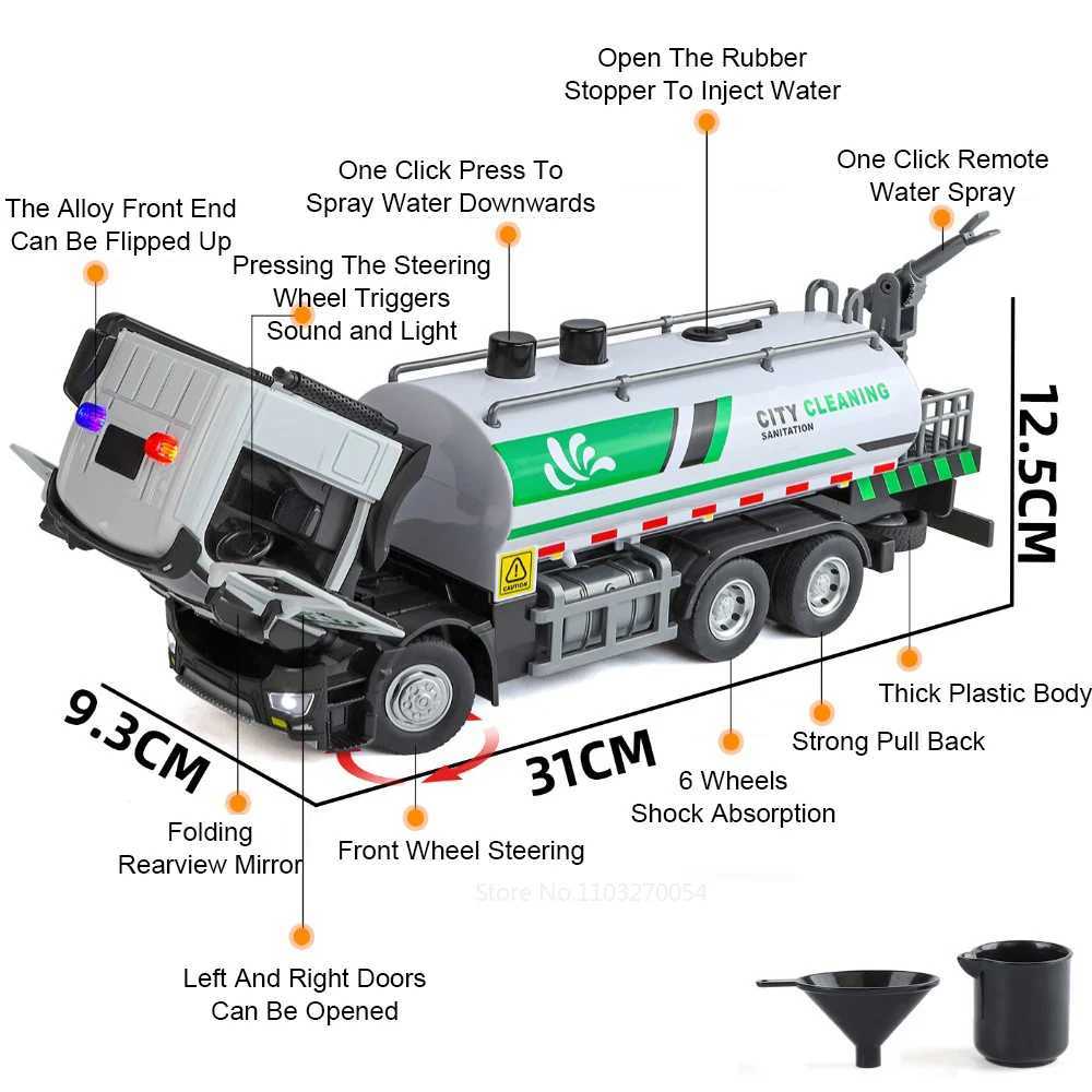 132 Alloy Urban Sanitation Truck Sprinkler Car Model Toys Diecast Sound Light Pull Back Doors Opened Vehice for Childrens GiftT251023