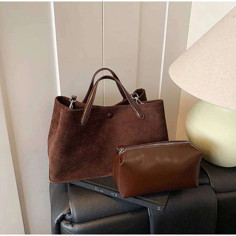 Women's Suede 2In1 Tote Retro Versatile Large-Capacity Snap Button Shoulder Crossbody Bag Foldable Commuter Underarm Handbag